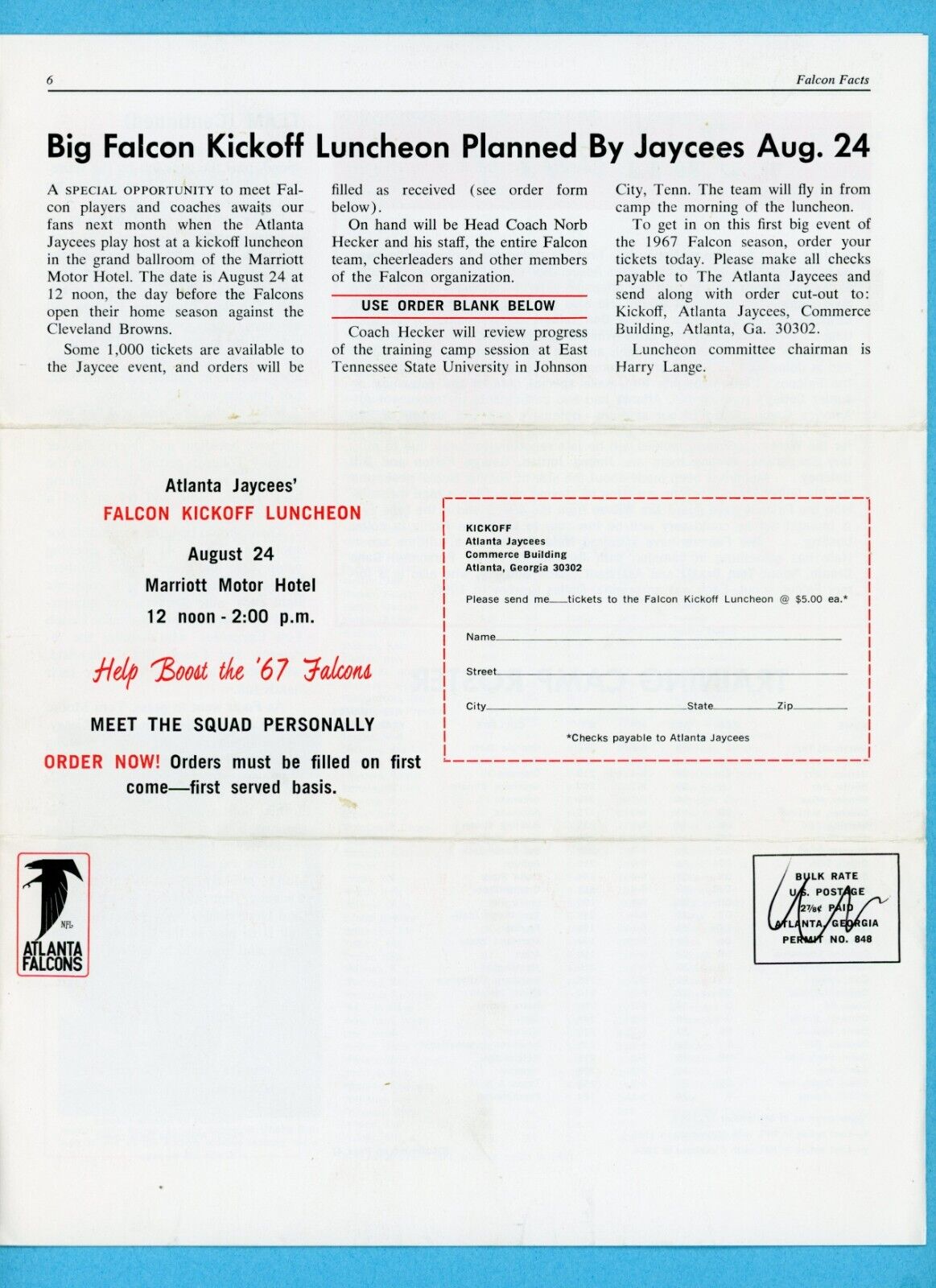 July, 1967 Vol. 2 No. 3 Falcon Facts Atlanta Falcons Newsletter