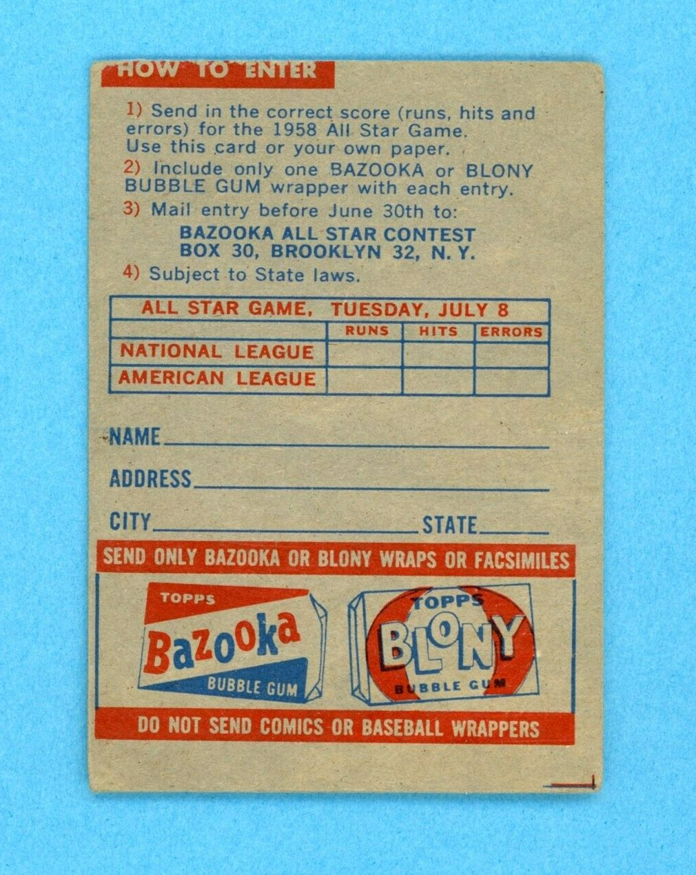 1958 Topps All-Star Game Contest Baseball Card Low Grade