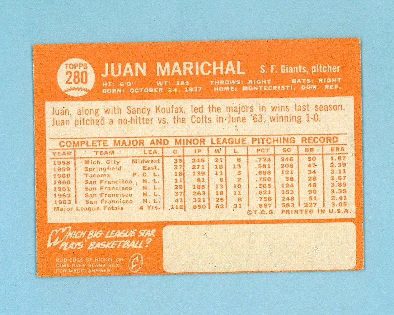 1964 Topps #280 Juan Marichal San Francisco Giants Baseball Card EX - EX+ o/c