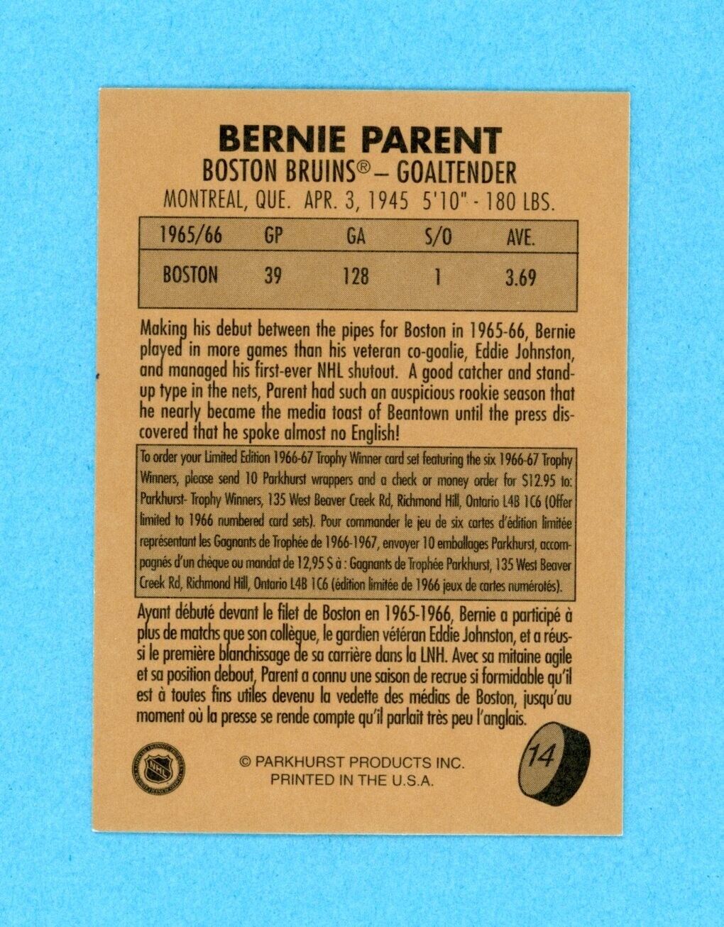 Bernie Parent 1995-96 Parkhurst 1966-67 #14 Autographed Hockey Card