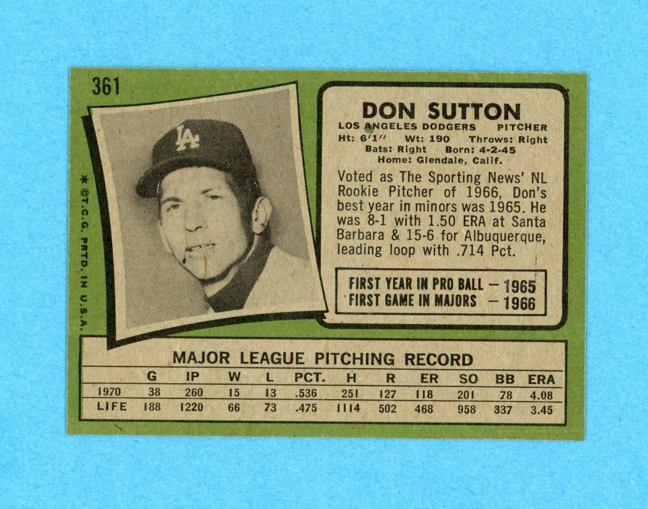 1971 Topps #361 Don Sutton Los Angeles Dodgers Baseball Card NM