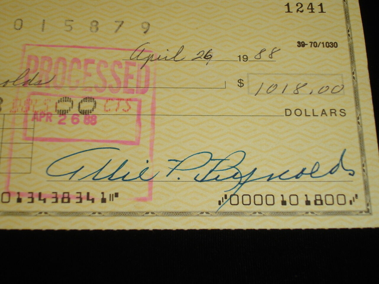 Allie Reynolds NY Yankees Signed Business Check