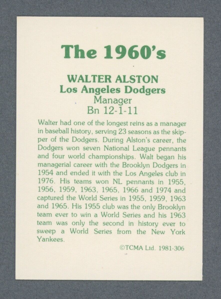 Walt Alston LA Dodgers Signed 1981 "The 1960s” TCMA Card Auto with B&E Hologram