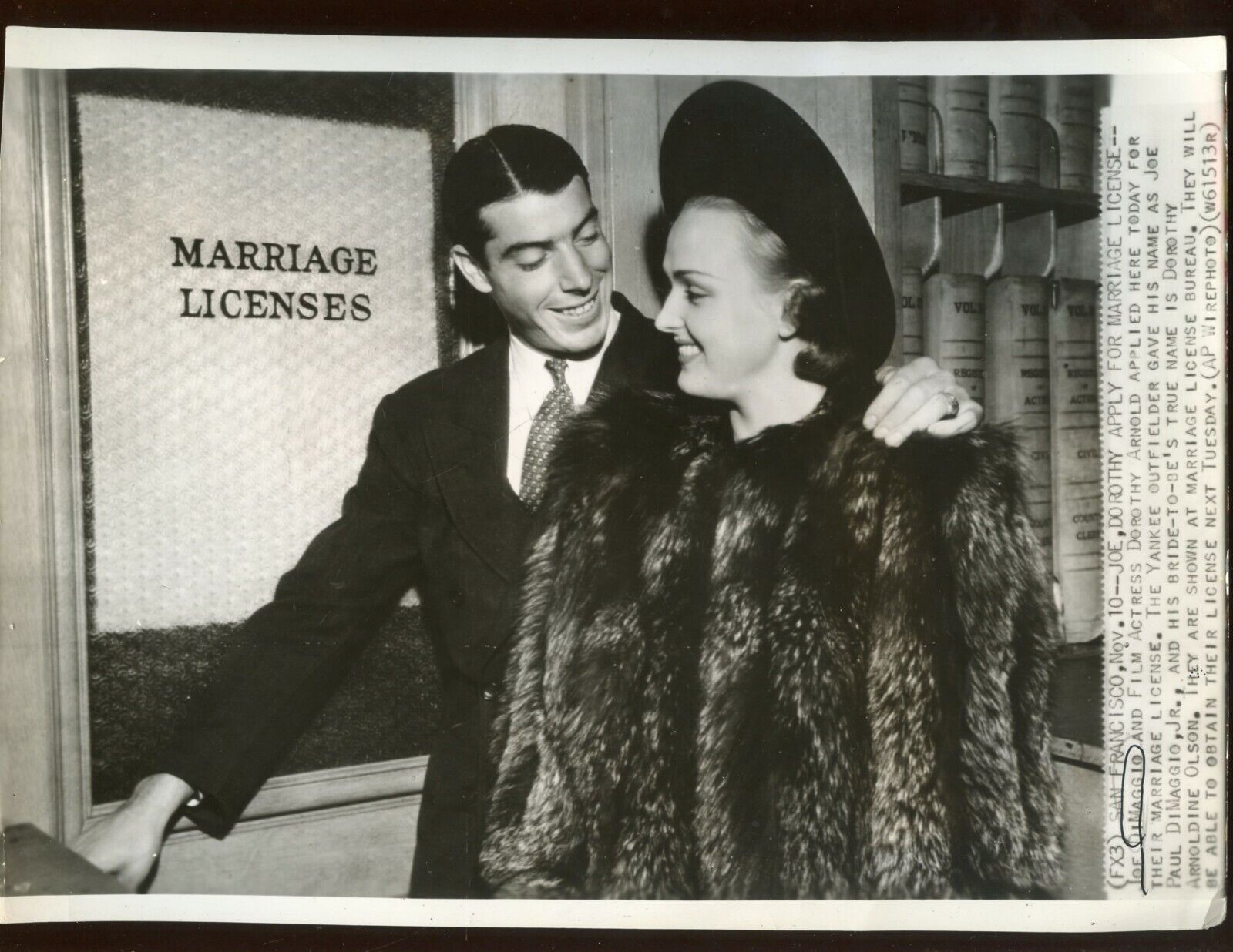 November 5 1939 Joe DiMaggio & Dorothy Arnold Wedding License 8 X 11 Wire Photo