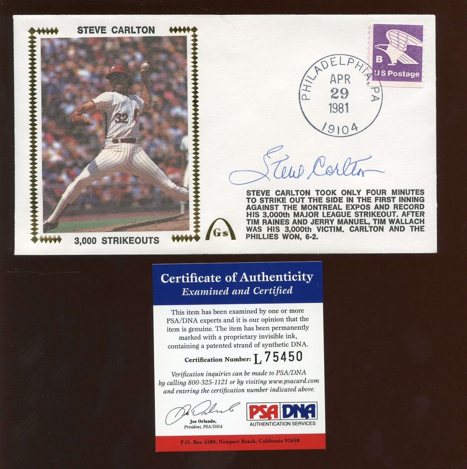 April 29 1981 Gateway Envelope / Cachet Autographed Steve Carlton PSA/DNA Cert