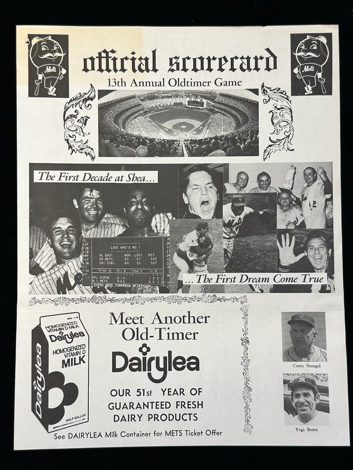 June 29, 1974 Oldtimers Game 1-Sheet Baseball Program @ Shea Stadium - Scored