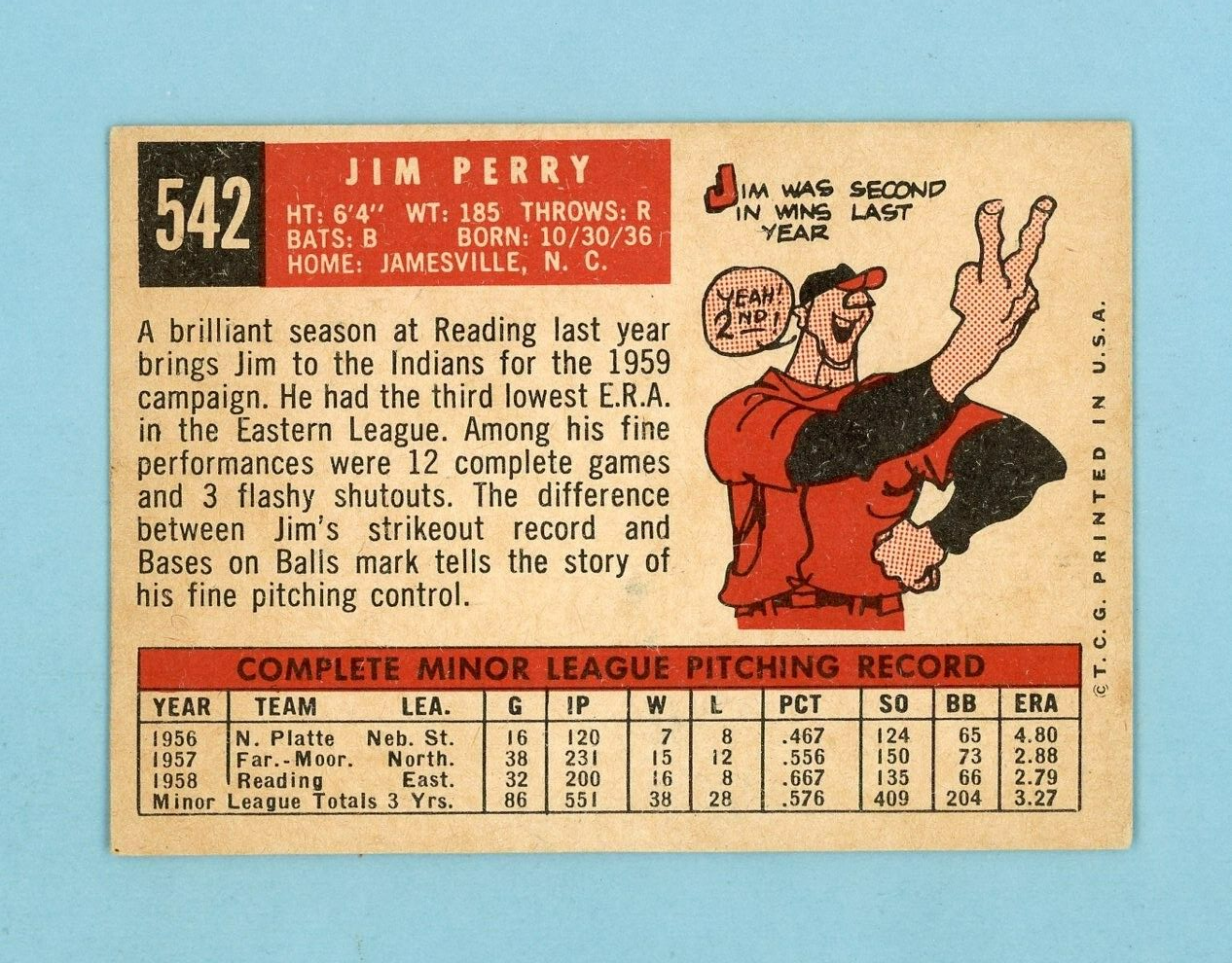 1959 Topps #542 Jim Perry Cleveland Indians Rookie Baseball Card EX - EX++