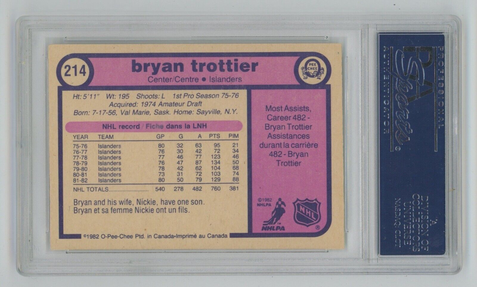 Bryan Trottier NY Rangers Signed 1982 O-PEE-CHEE Card #214 Auto PSA/DNA slab