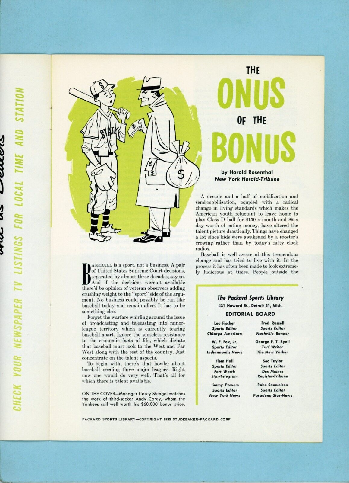 April 1955 Vol. 4 No. 10 The Onus of The Bonus Andy Carey & Casey Stengel