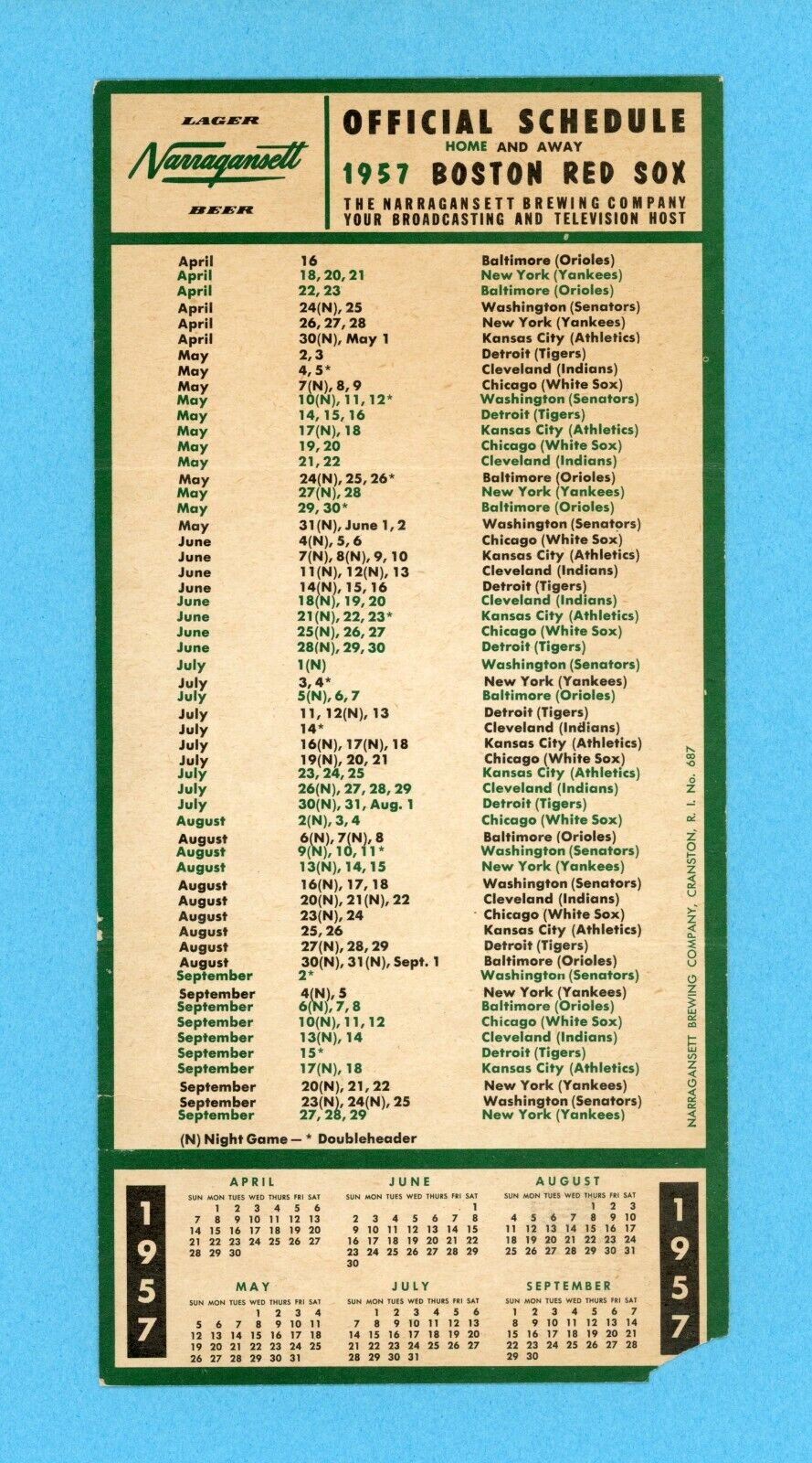 1957 Boston Red Sox Official Pocket Schedule