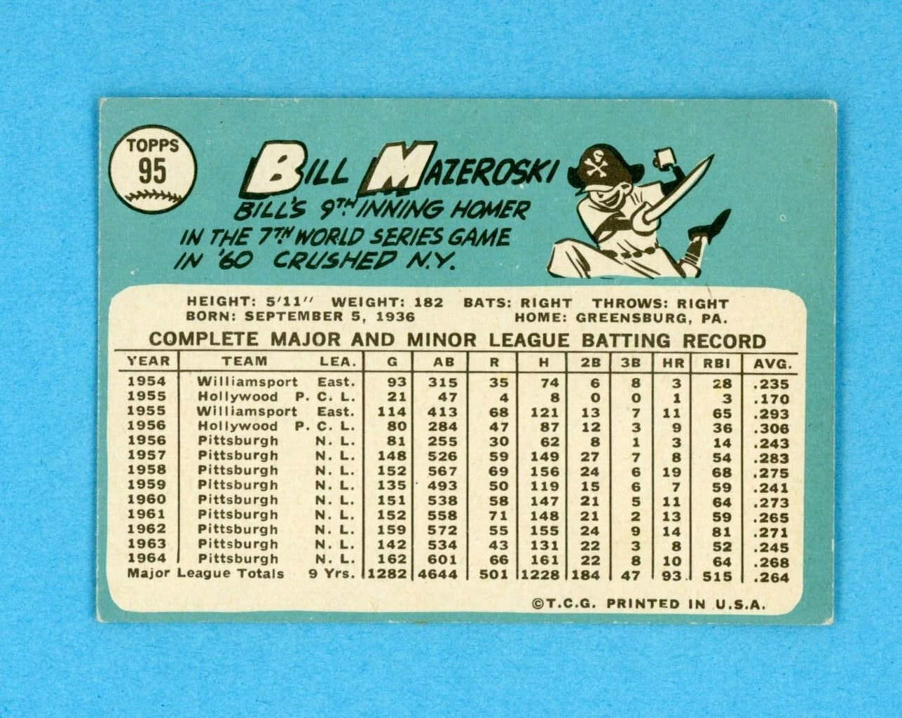 1965 Topps #95 Bill Mazeroski Pittsburgh Pirates Baseball Card Vg/Ex o/c