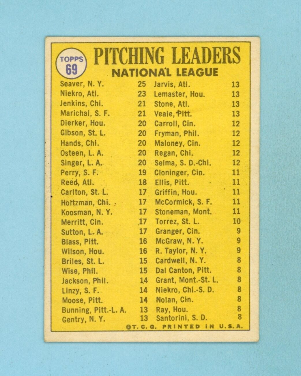 1970 Topps #69 Tom Seaver 1969 National League Pitching Leaders Baseball Card EX