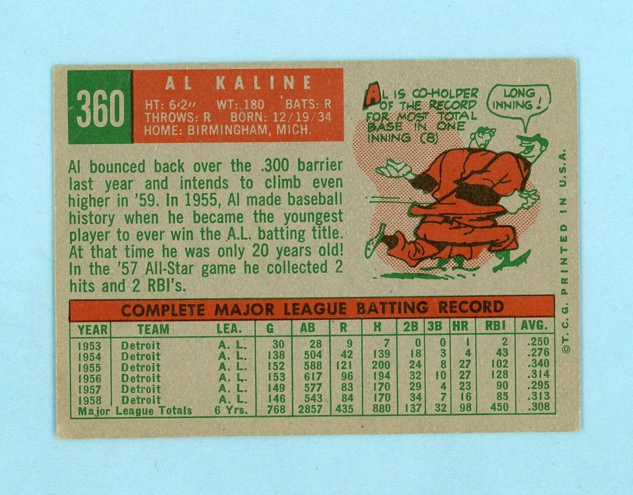 1959 Topps #360 Al Kaline Detroit Tigers Baseball Card EX wrk/cres tlc