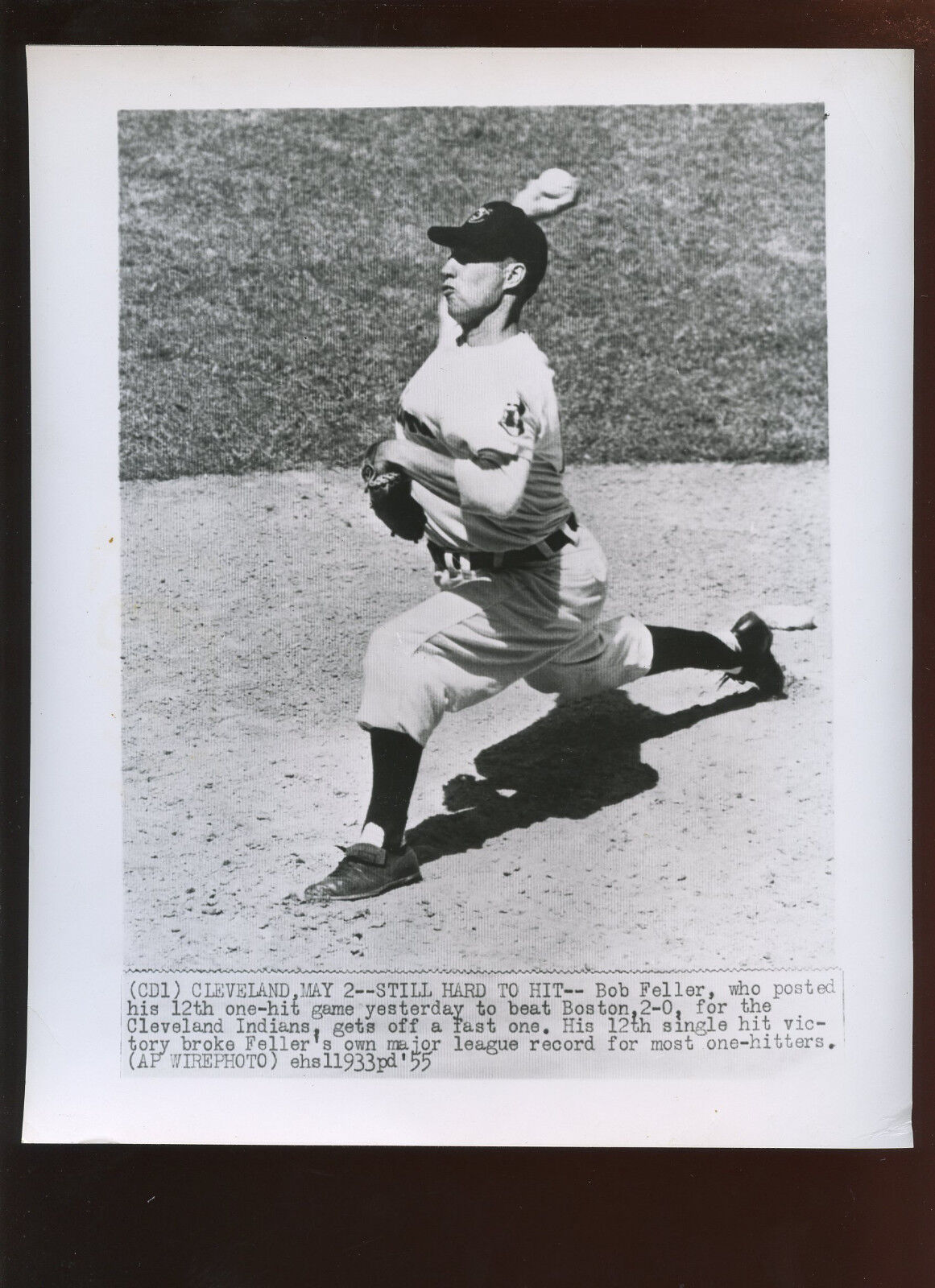 Original May 2 1955 Bob Feller Tosses 12th One Hit Game 8 X 10 Wire Photo