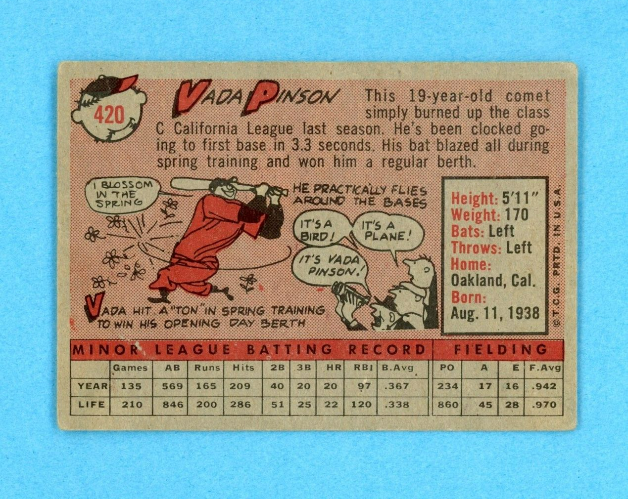 1958 Topps #420 Vada Pinson Cincinnati Redlegs Rookie Baseball Card Low Grade