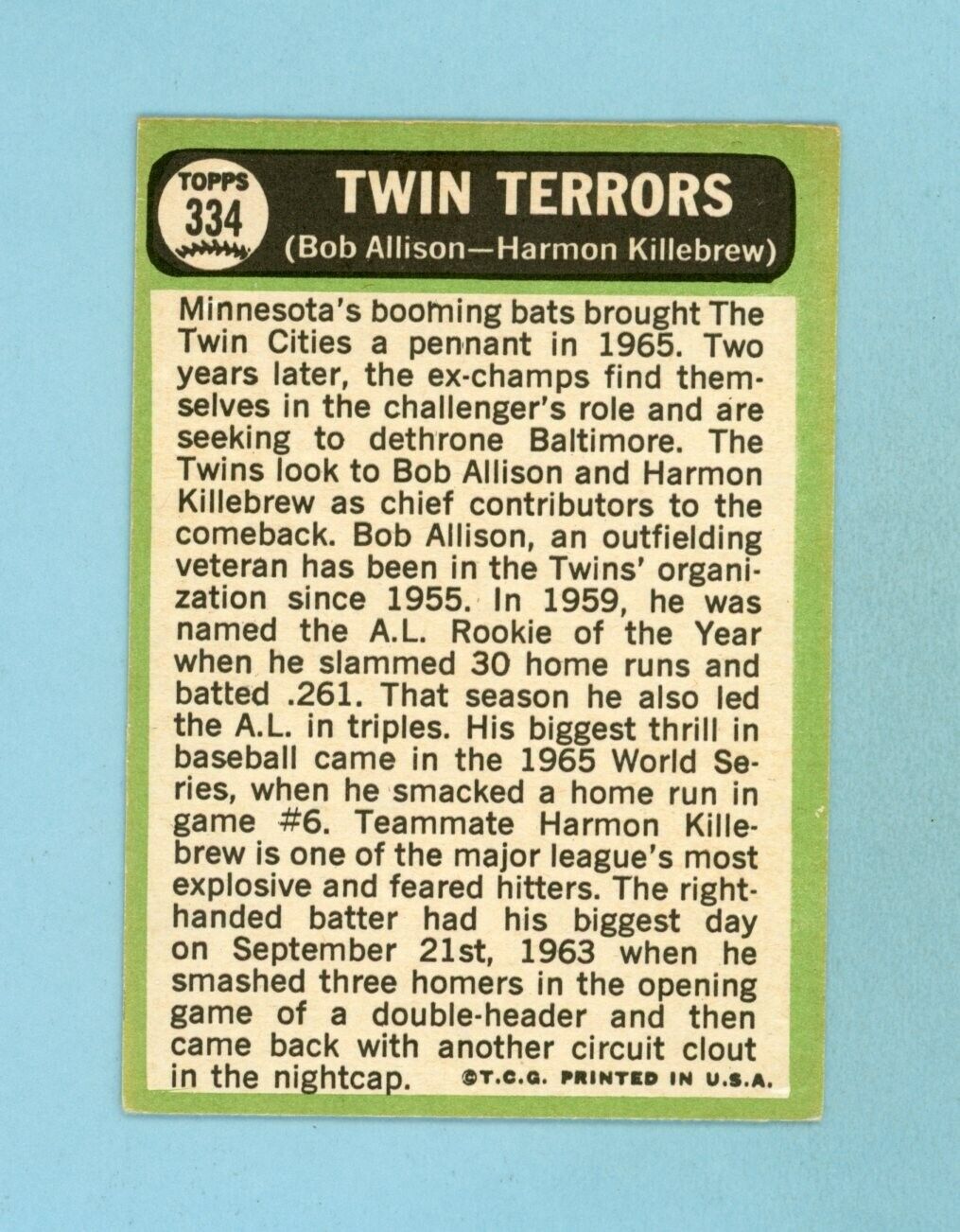 1967 Topps #334 Twin Terrors Killebrew, Allison Minnesota Twins Baseball Card EX