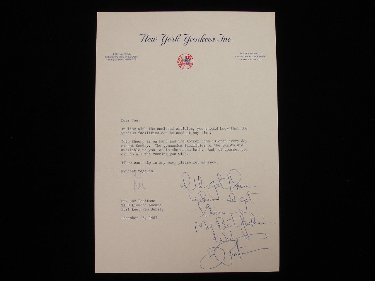 Joe Pepitone Autographed 1967 New York Yankees Stationary w/ Lee MacPhail