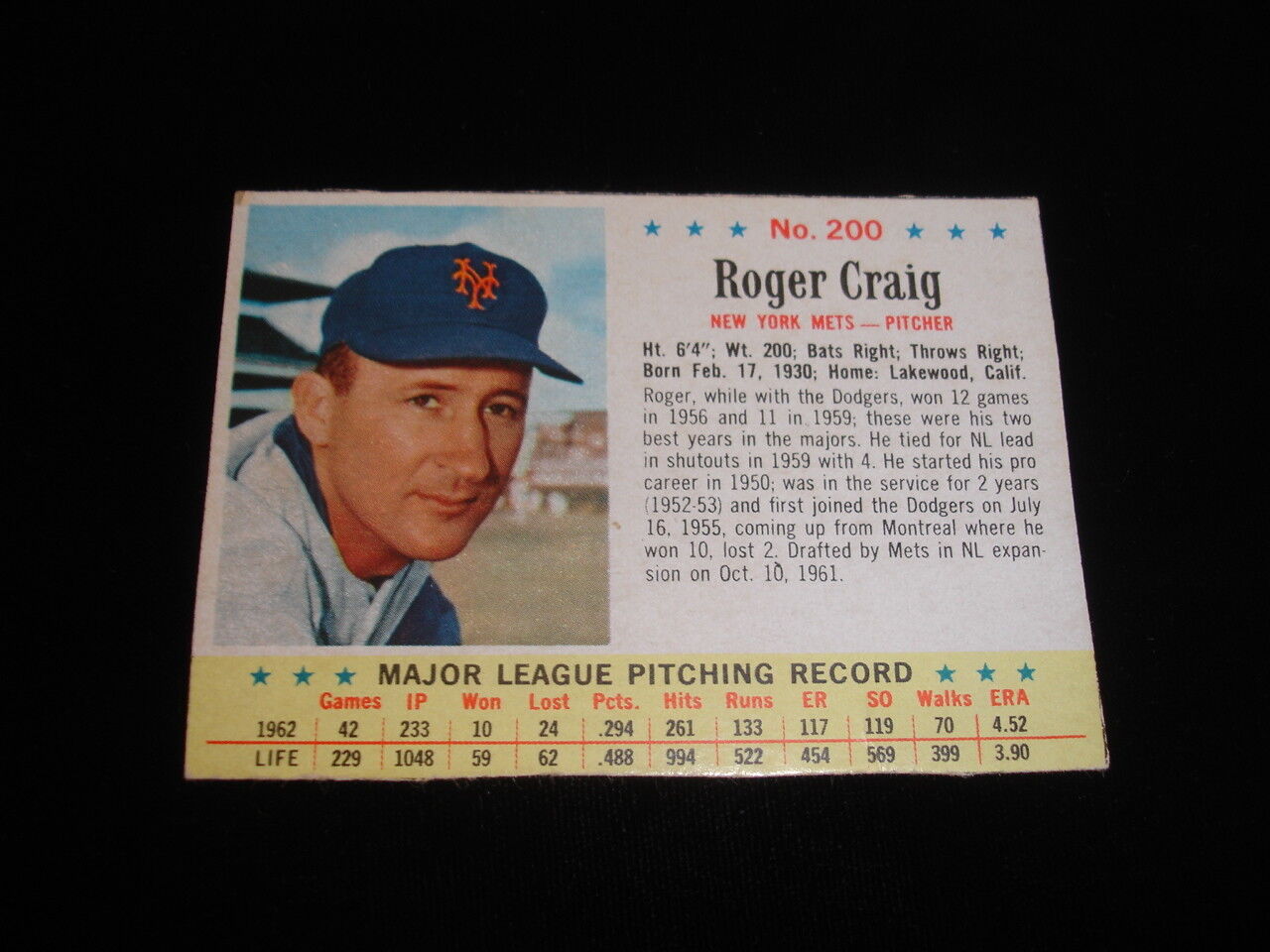 1963 Post Cereal Roger Craig Baseball Card-#200-New York Mets