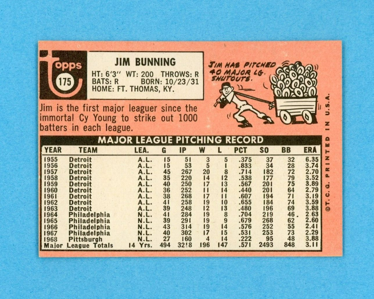 1969 Topps #175 Jim Bunning Pittsburgh Pirates Baseball Card NM