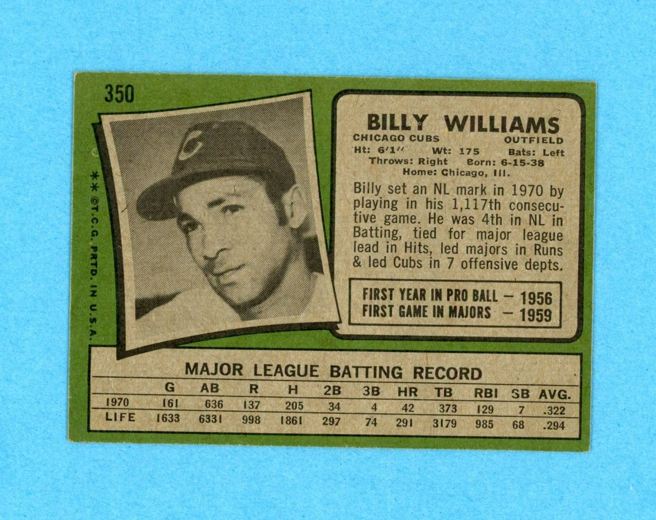 1971 Topps #350 Billy Williams Chicago Cubs Baseball Card EX - EX+