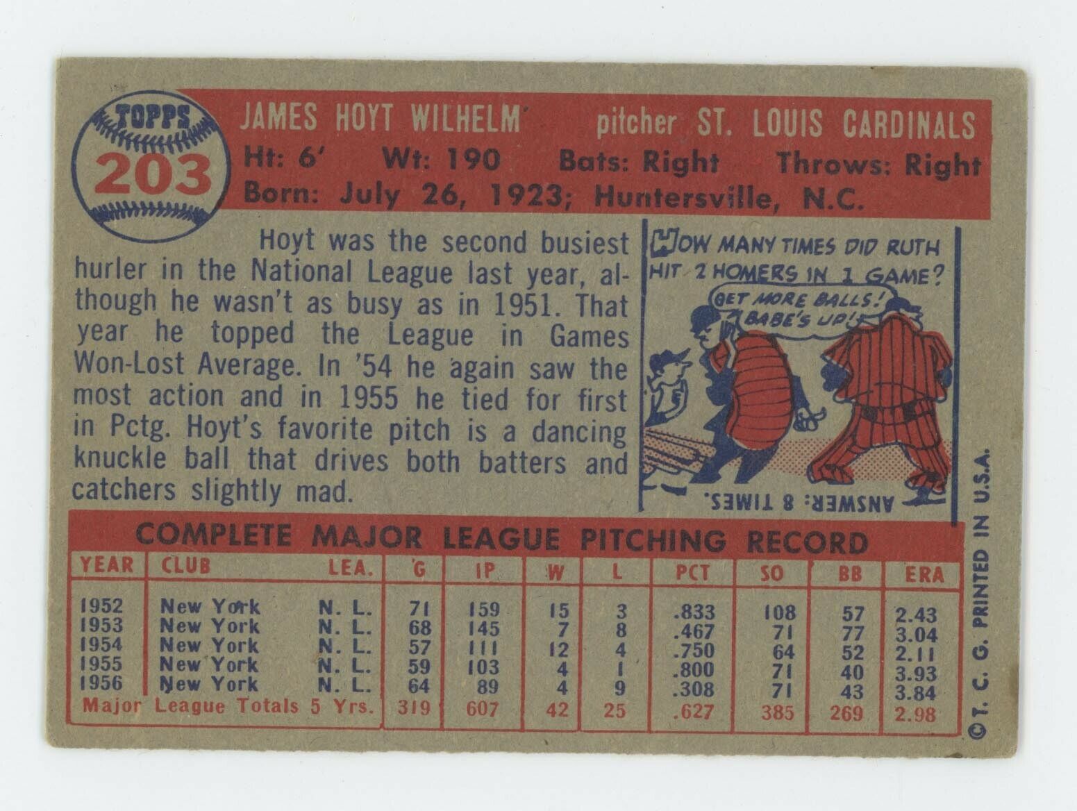 1957 Topps #203 Hoyt Wilhelm St. Louis Cardinals Baseball Card Vg/Ex lth wrks