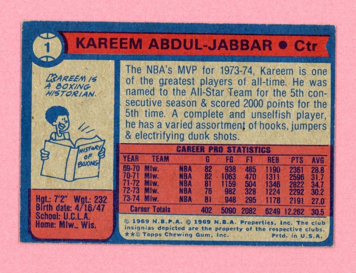 1974-75 Topps #1 Kareem Abdul-Jabbar Milwaukee Bucks Basketball Card Ex - Ex+