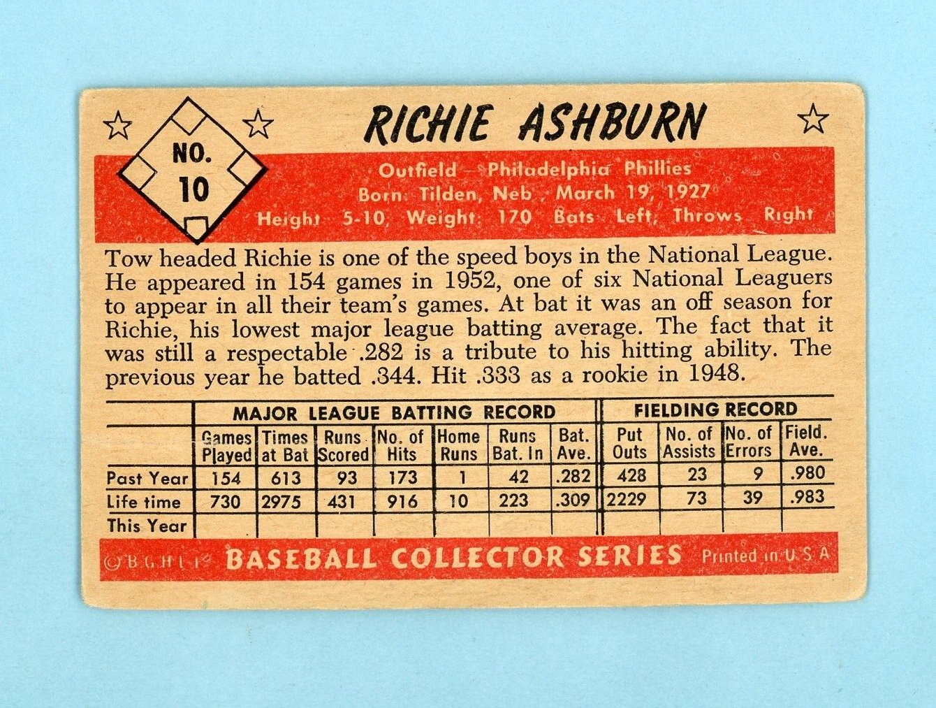 1953 Bowman Color #10 Richie Ashburn Phila Phillies Baseball Card Low Grade