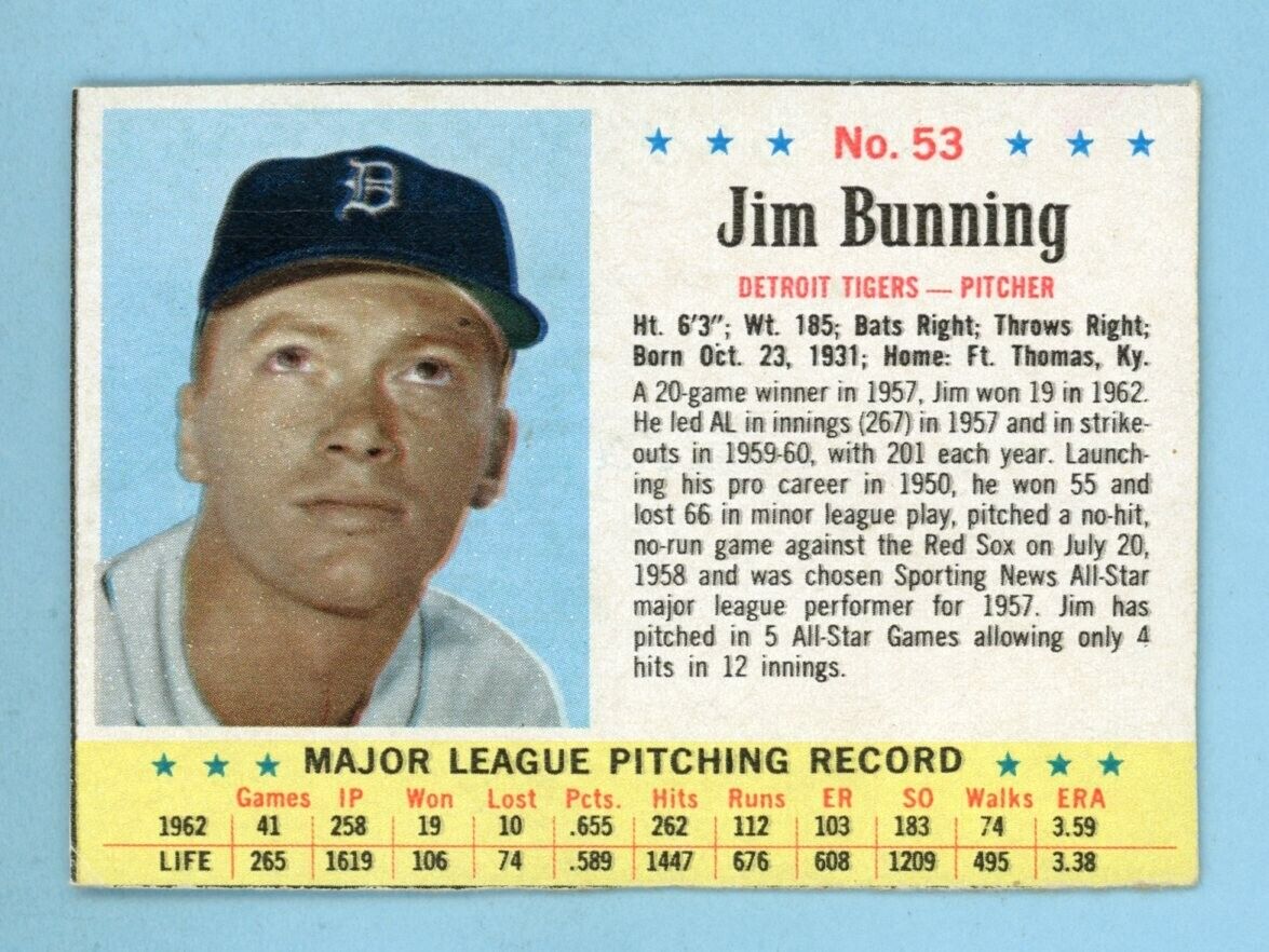 1963 Post Cereal #53 Jim Bunning Detroit Tigers Baseball Card