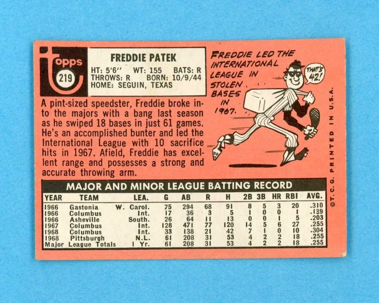 1969 Topps #219 Freddie Patek Pittsburgh Pirates Rookie Baseball Card Vg/Ex