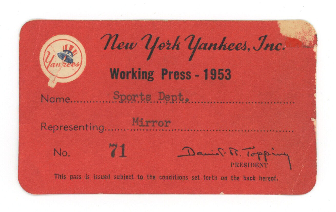 New York Yankees 1953 Working Press Pass • The Mirror Sports Dept.