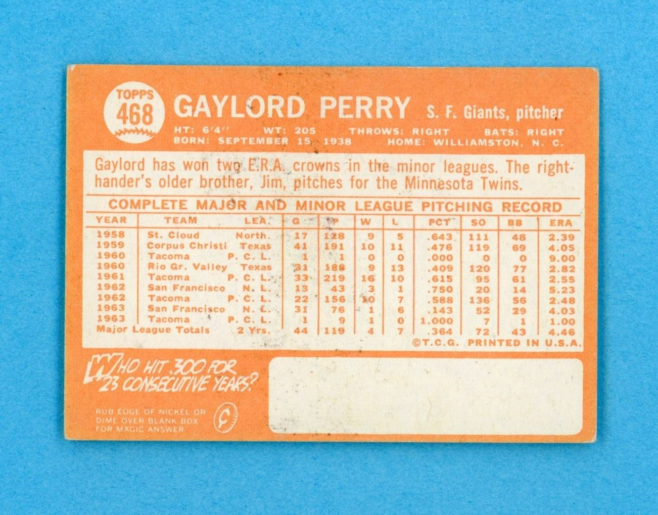 1964 Topps #468 Gaylord Perry San Francisco Giants Baseball Card Vg/Ex