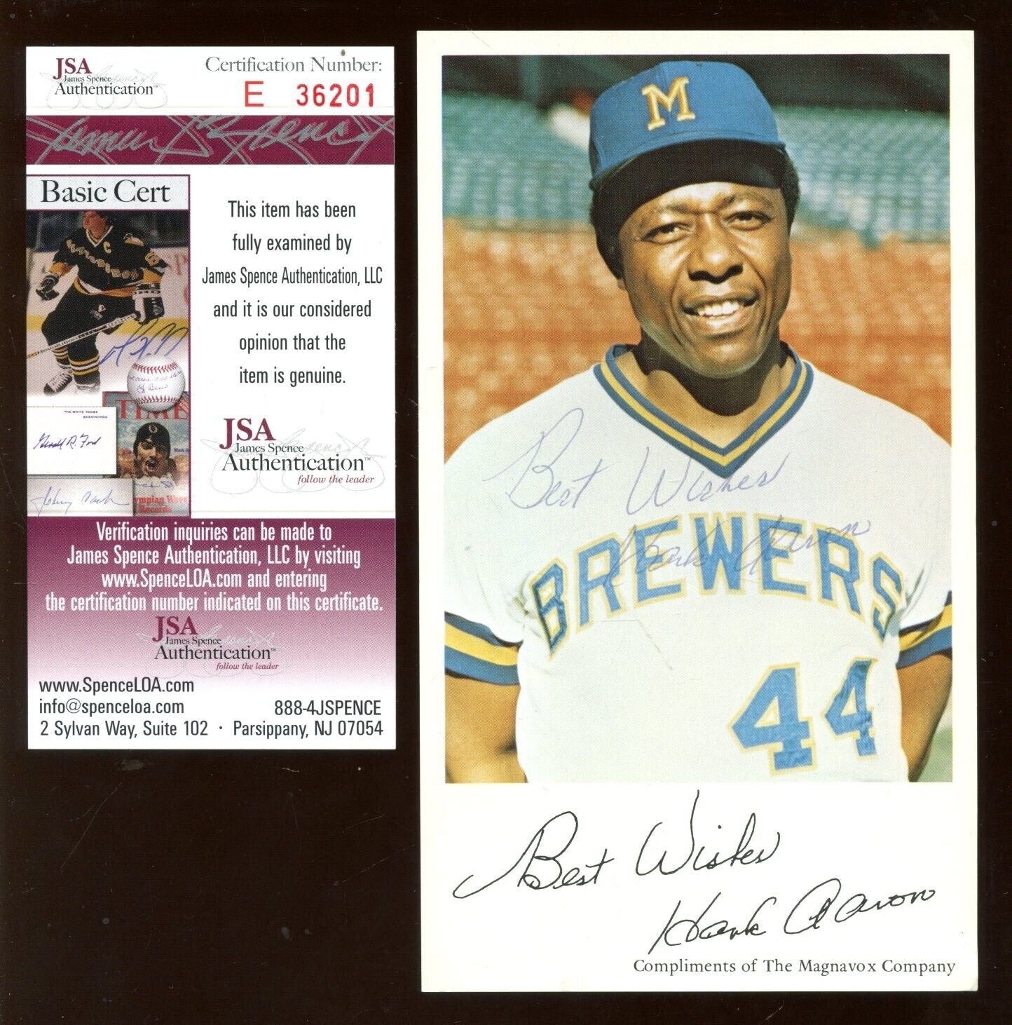 Magnavox Card Hank Aaron Milwaukee Brewers Autographed JSA Cert