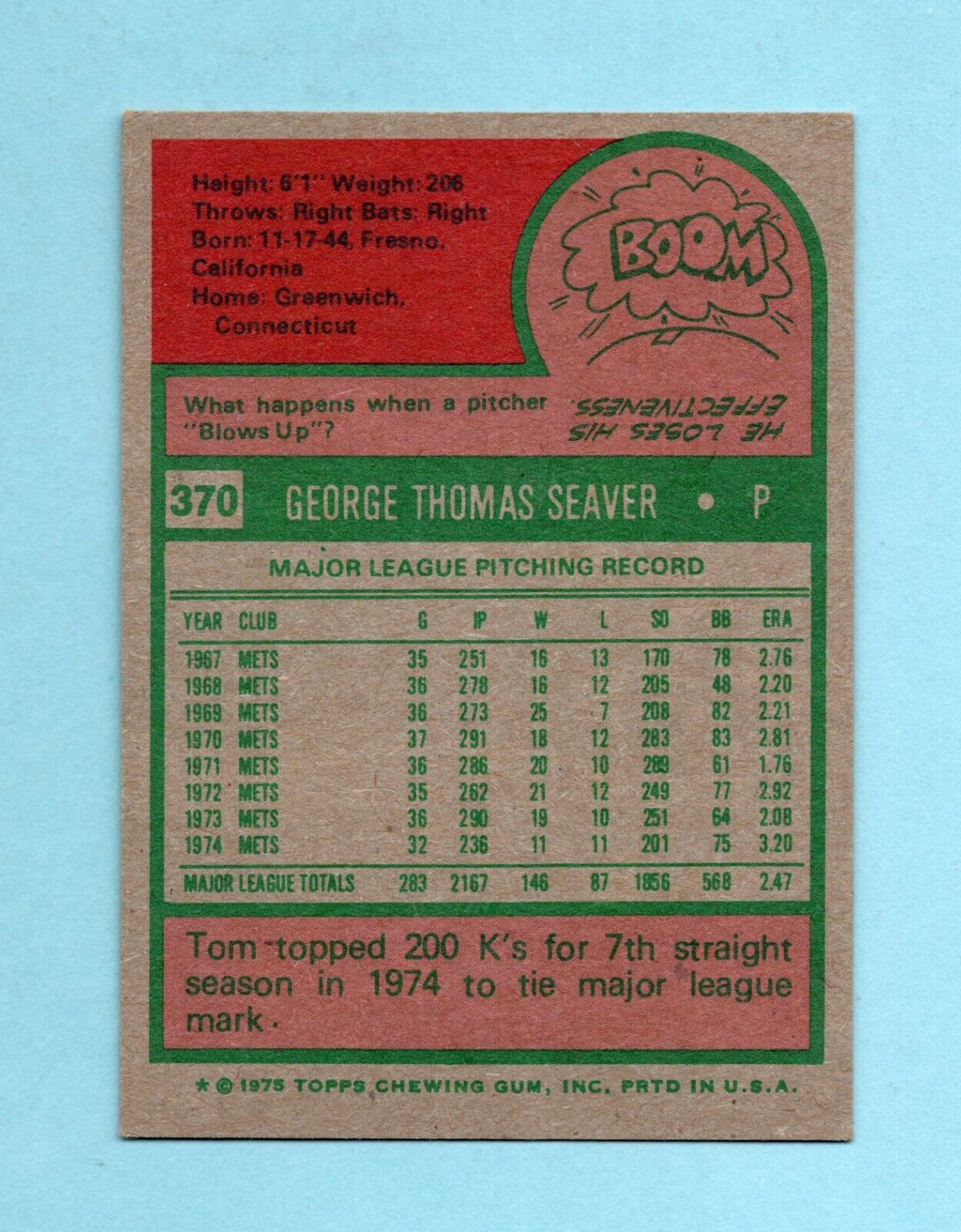 1975 Topps #370 Tom Seaver New York Mets Baseball Card EX+ ap cres