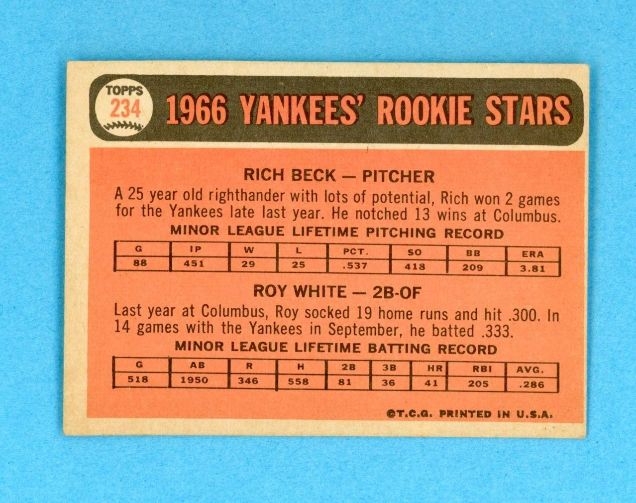 1966 Topps #234 Roy White New York Yankees Rookie Baseball Card Ex/Ex+