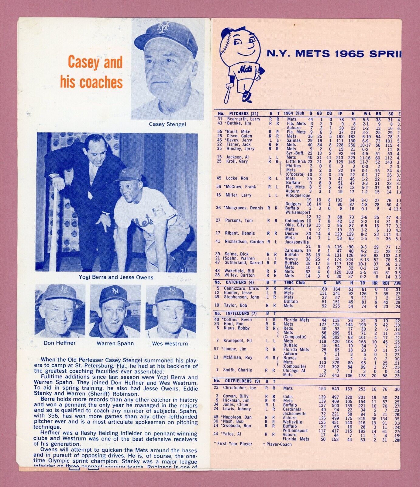 1965 New York Mets Spring Training Roster, New Faces & Ticket Infor Fold Out