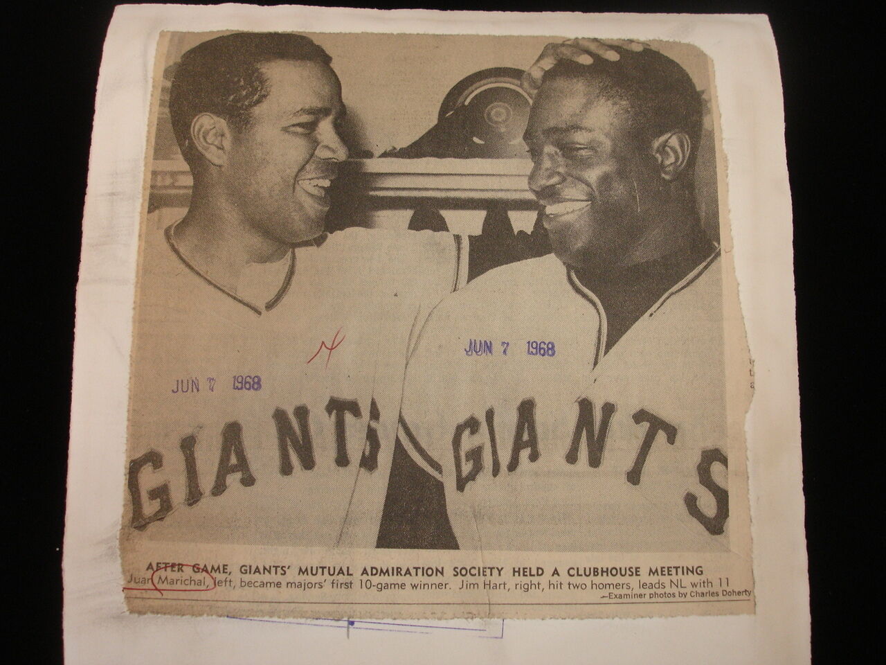 1968 Juan Marichal & Jim Hart Original Wire Photograph - 8" x 11 + 1/2" 