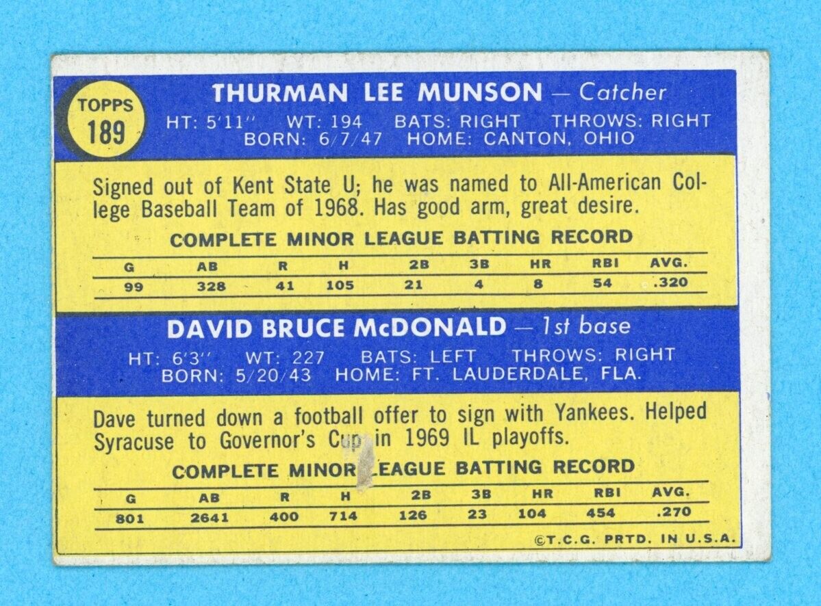 1970 Topps #189 Thurman Munson New York Yankees Rookie Baseball Card E++ ap wcsf