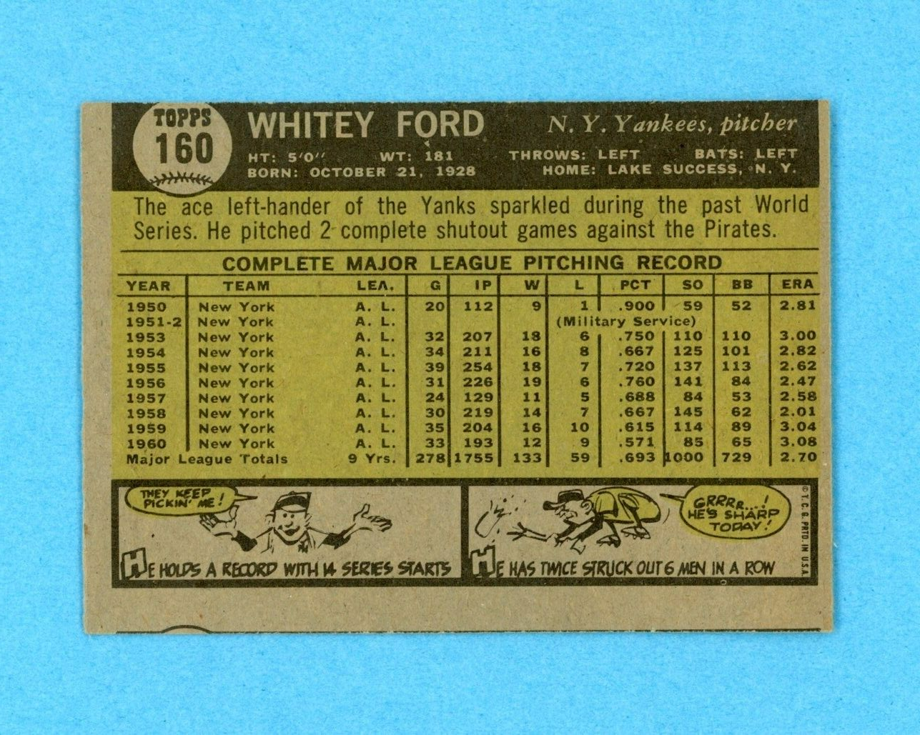 1961 Topps #160 Whitey Ford New York Yankees Baseball Card EX+ - Ex/Mt o/c