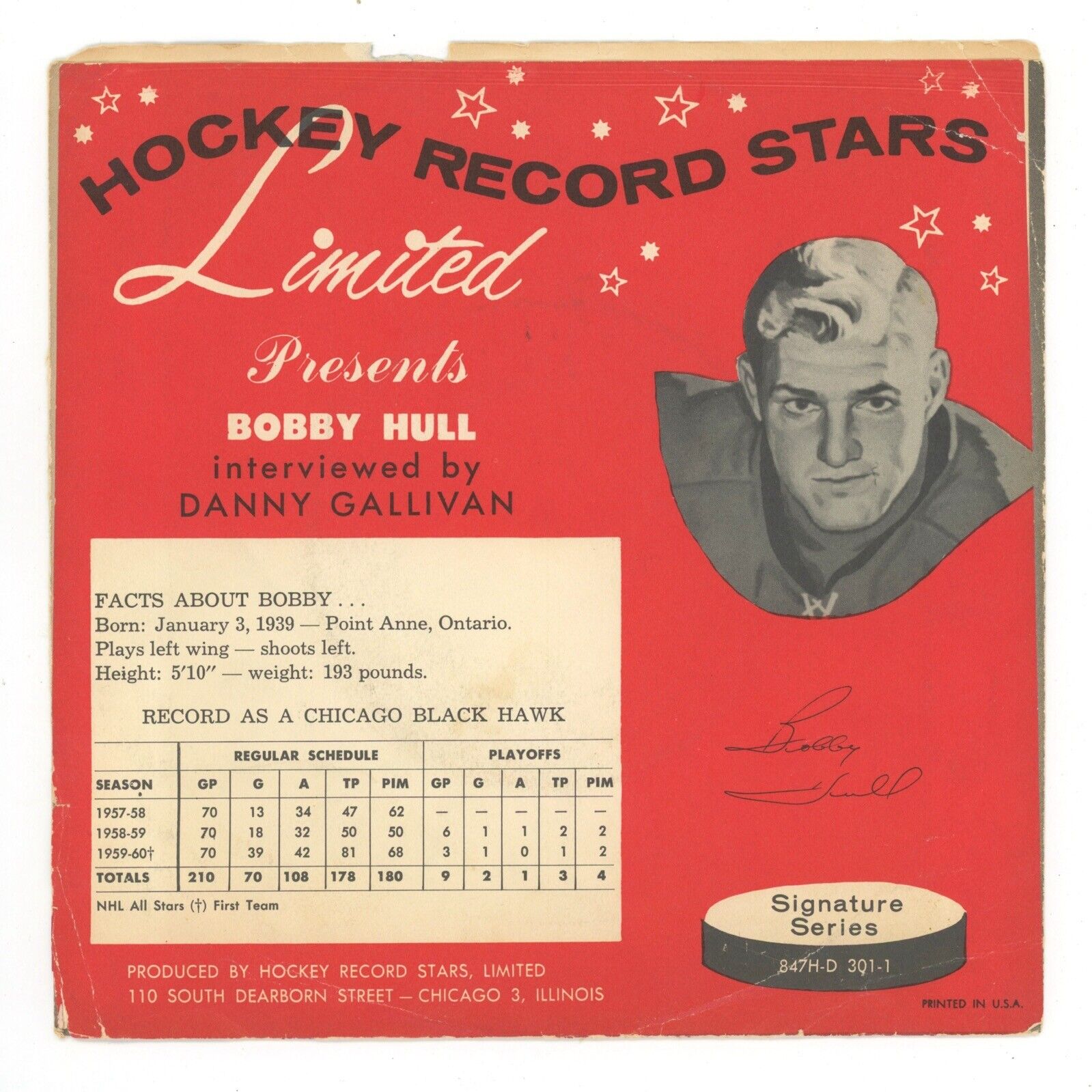 Bobby Hull 45rpm Record  circa 1961 • Interview • Limited Hockey Record Stars