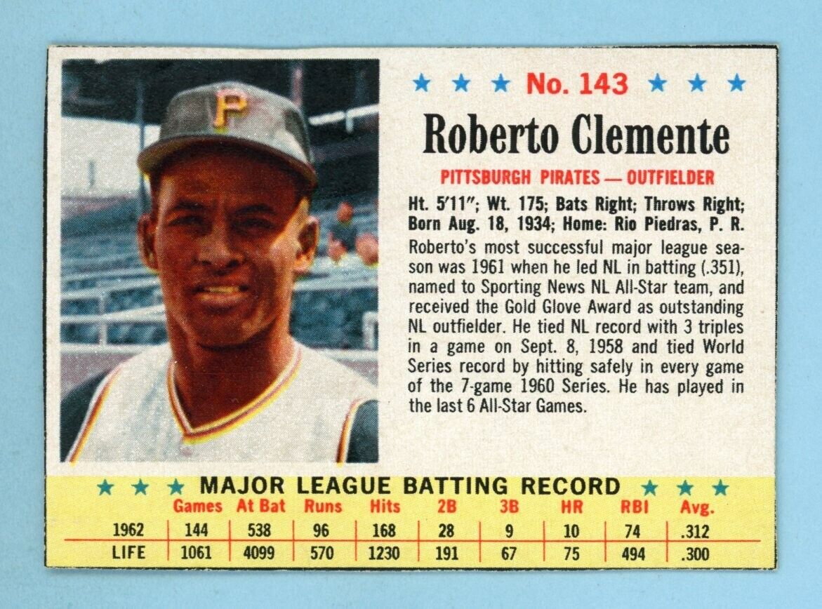 1963 Post Cereal #143 Roberto Clemente Pittsburgh Pirates Baseball Card