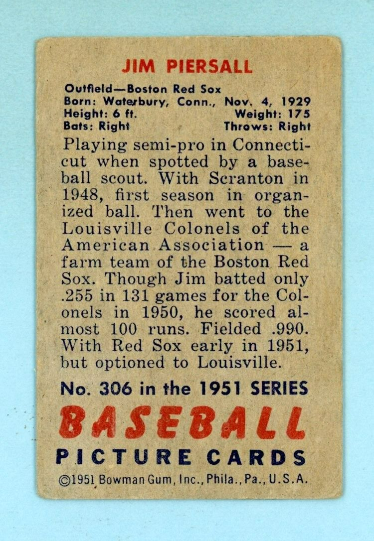 1951 Bowman #306 Jim Piersall Boston Red Sox Rookie Baseball Card VG - VG+ wrks