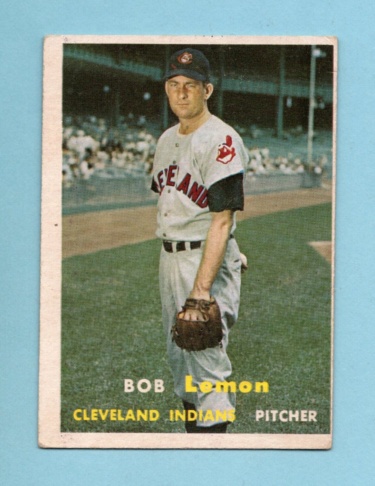 1957 Topps #120 Bob Lemon Cleveland Indians Baseball Card VG stains on back