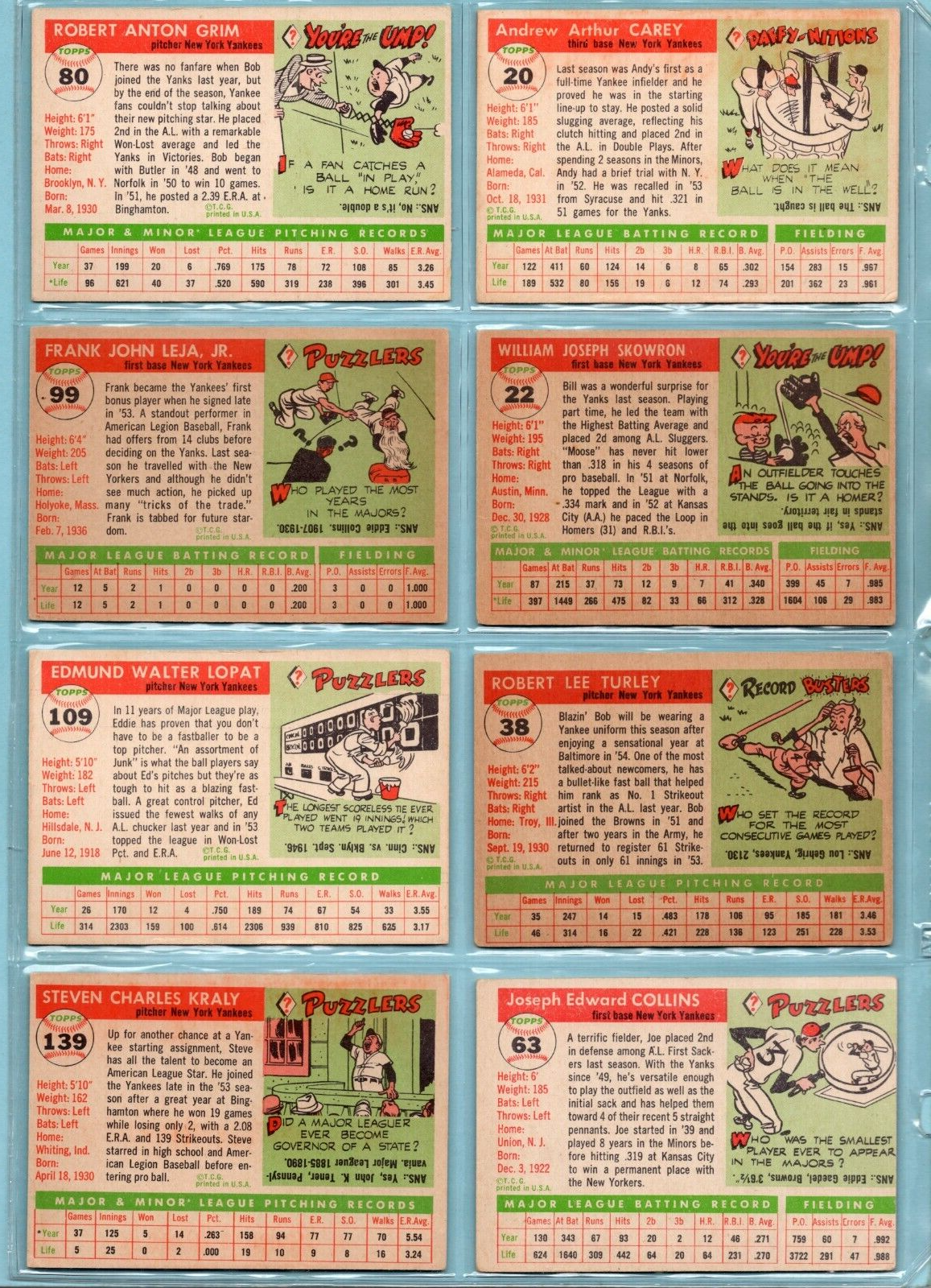 1955 Topps Lot of 11 Different New York Yankees Baseball Cards VG+ - Ex/Mt