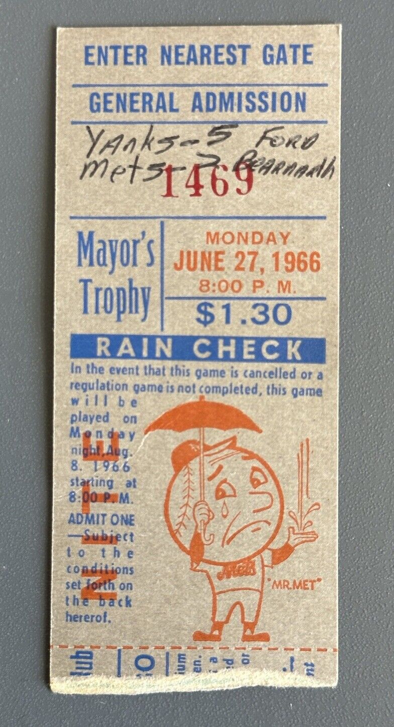 June 27, 1966 New York Mets Ticket Stub vs Yankees @ Shea - Mayor’s Trophy Game