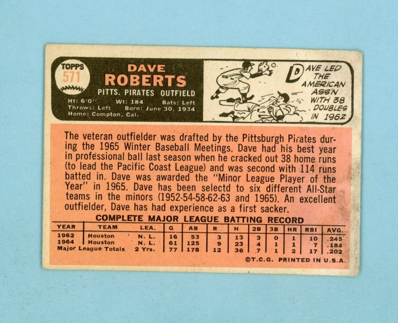 1966 Topps #571 Dave Roberts Pittsburgh Pirates High Number Baseball Card LG