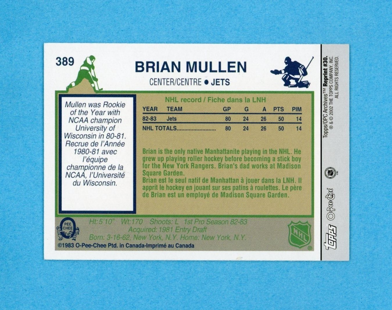 Brian Mullen 2001-02 Topps/OPC Archives #30 Autographed Hockey Card