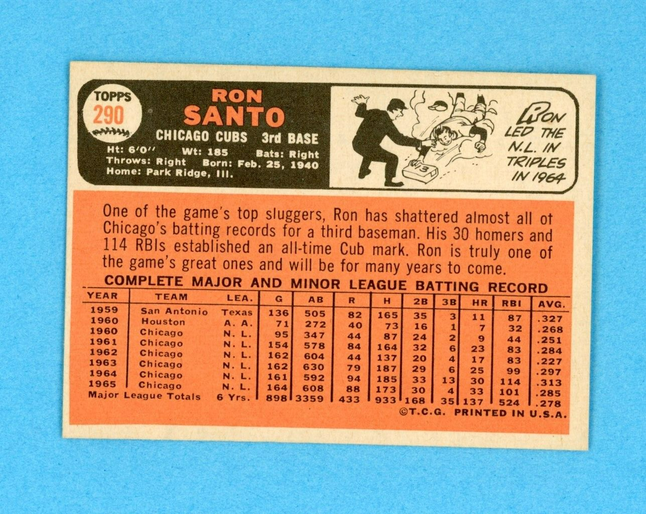 1966 Topps #290 Ron Santo Chicago Cubs Baseball Card Ex/Mt-NM