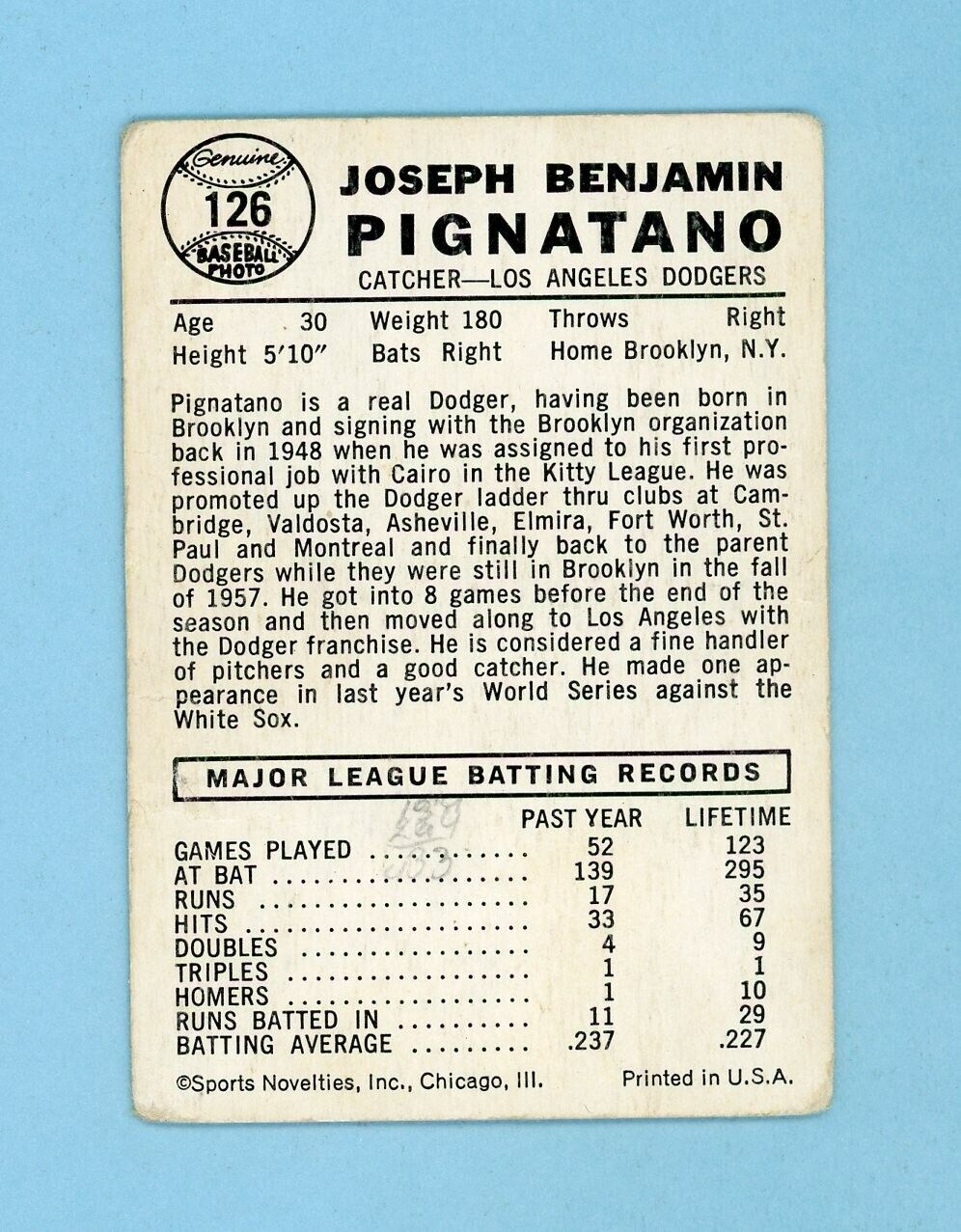 1960 Leaf #126 Joe Pignatano Los Angeles Dodgers High Number Baseball Card LG