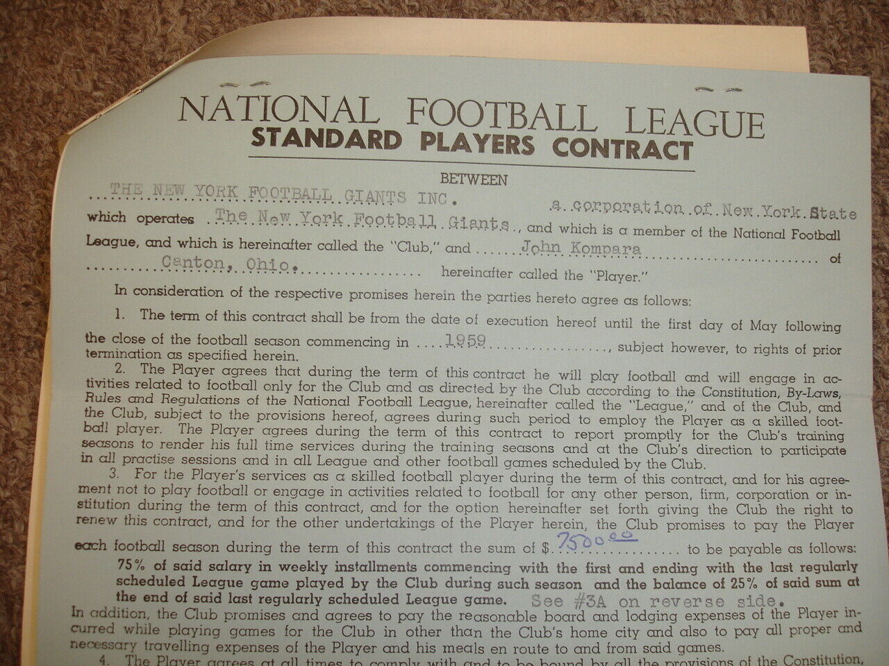 Bert Bell Wellington Mara John Kompara Multi Signed 1959 Giants NFL Contract JSA