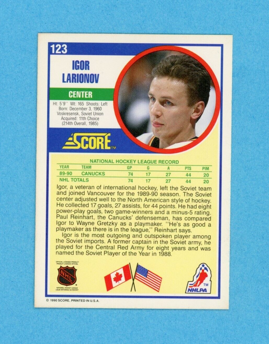 Igor Larionov Vancou Canucks 1990-91 Score #123 Autographed Rookie Hockey Card